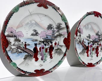 Plato vintage de porcelana japonesa Kutani con escena de geisha, sakura y pagoda, firmado 九谷造, pintado a mano, década de 1950, arte asiático coleccionable