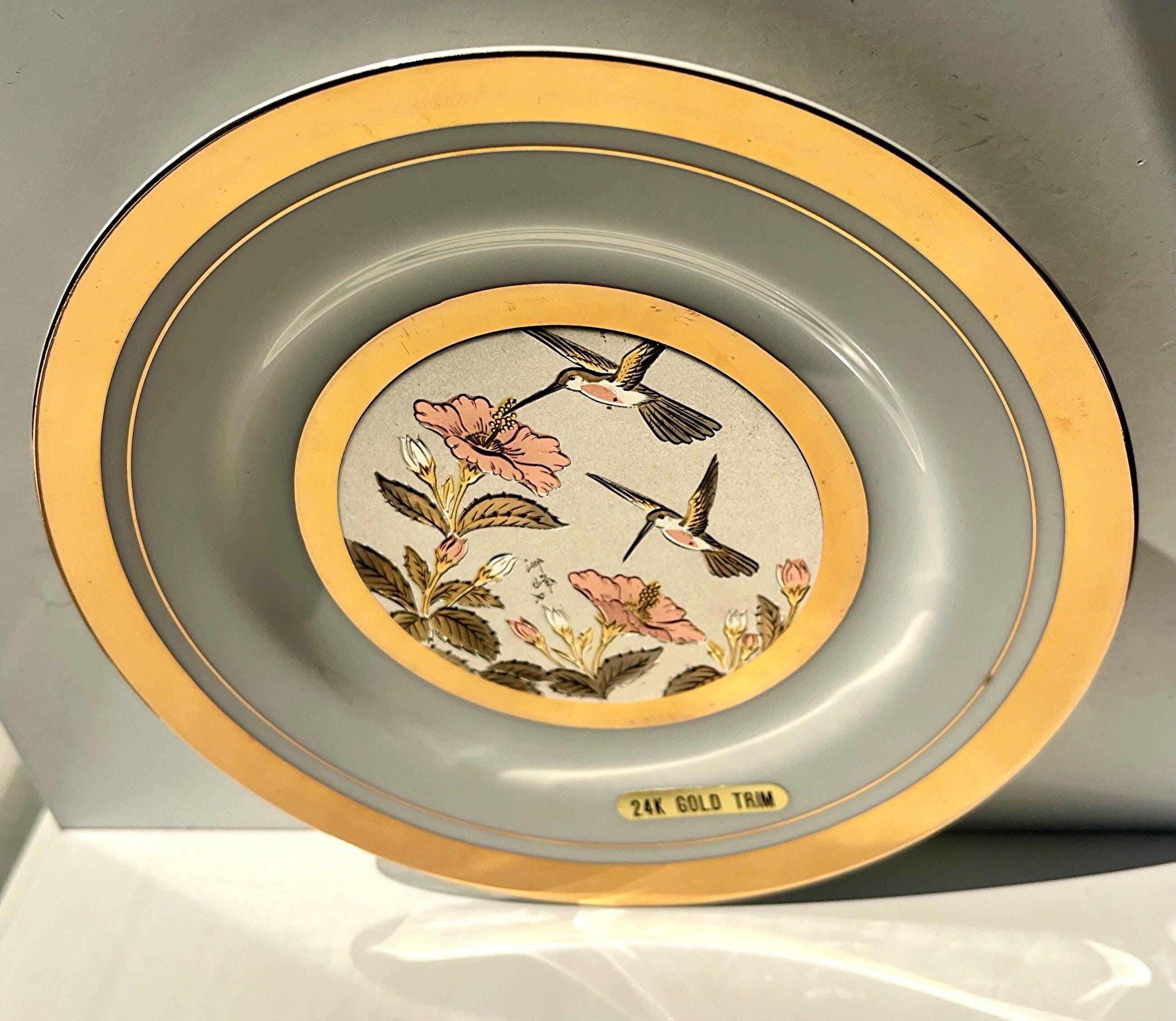 ヴィンテージ彫金の芸術 24KT 装飾皿、24Kゴールドリム、エッチング