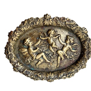 Antique Bronze Saucer, Tray, Plate for Pins, Rings or Trinkets with Three Putti Cupids, Angels 19th Century Home Decor Birthday Wedding Gift