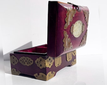 Vintage Chinese wooden jewelry box with carved jade inlay, Shanghai 1970s, brass fittings, symbolic leaf motif, collectible condition
