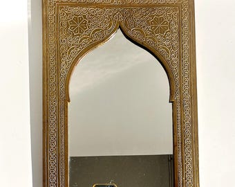 Moroccan brass mirror, arched wall mirror with engraved floral details, signed backplate, Islamic design, mid-century oriental wall decor