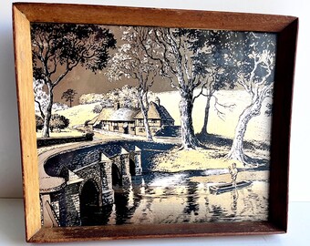Vintage Woodcut the Bridge on the River Gade, England 1970s FJ