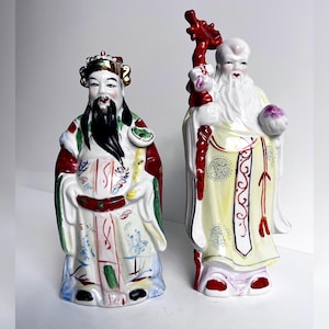 Vintage Chinese porcelain Shou and Cai statues, 1950s–70s Hand painted longevity and wealth figurines, collectible Asian decor, symbolic art