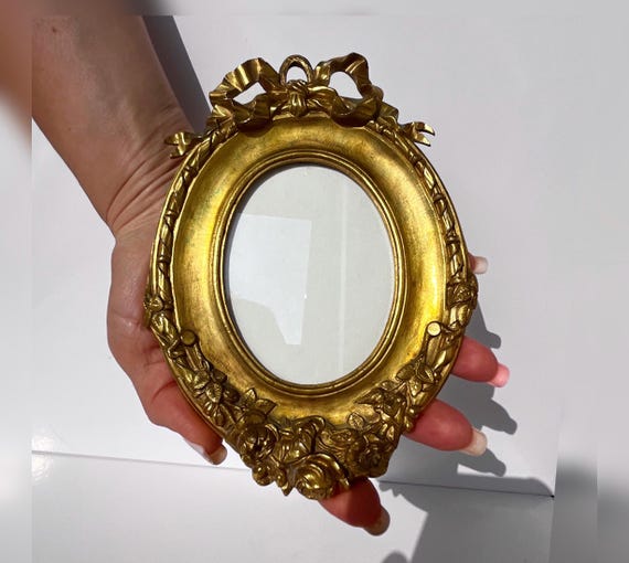 Antique French Oval Photo Frame With Ribbon Motif, Ornate Brass