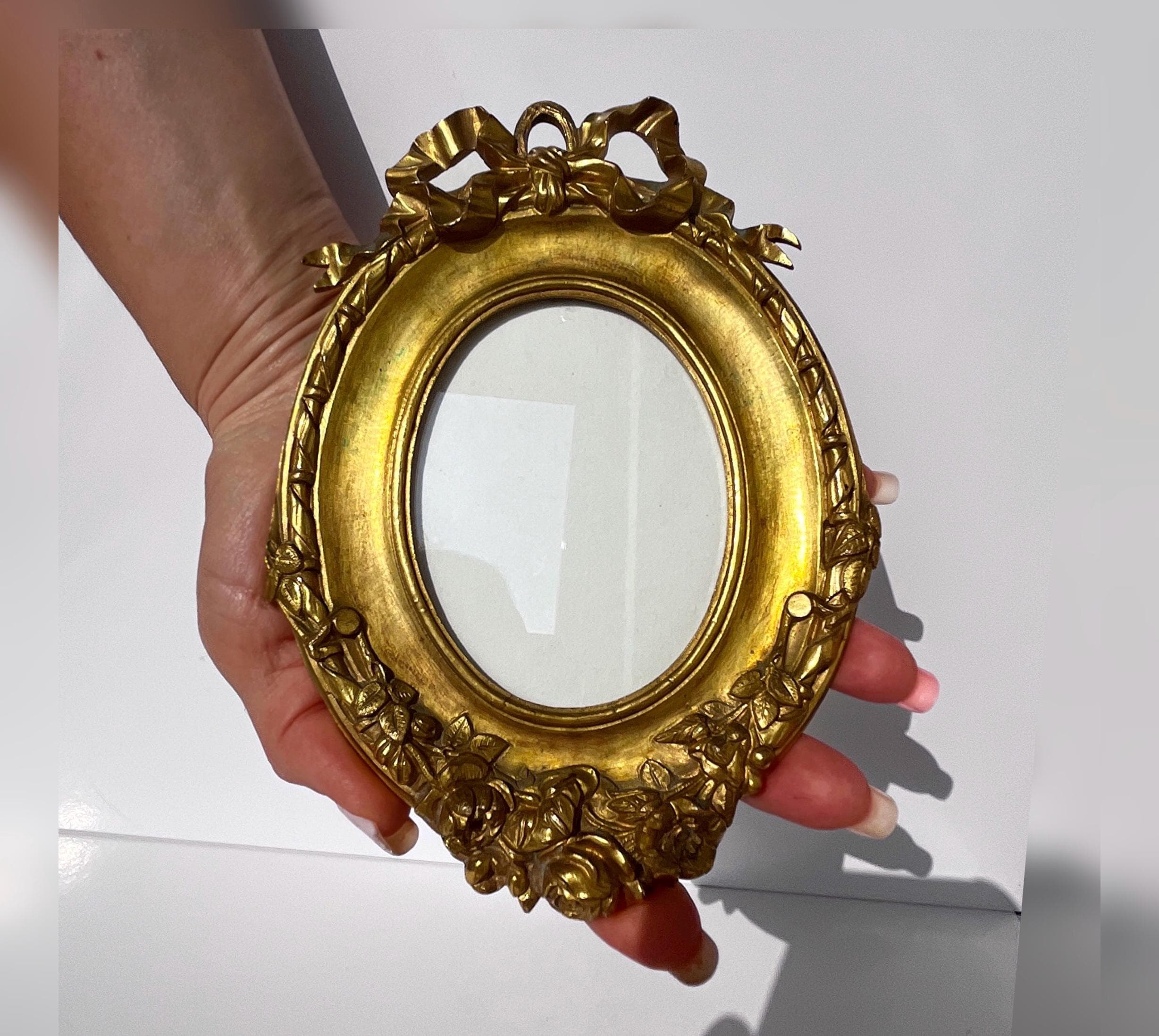 Antique French Oval Photo Frame With Ribbon Motif, Ornate Brass