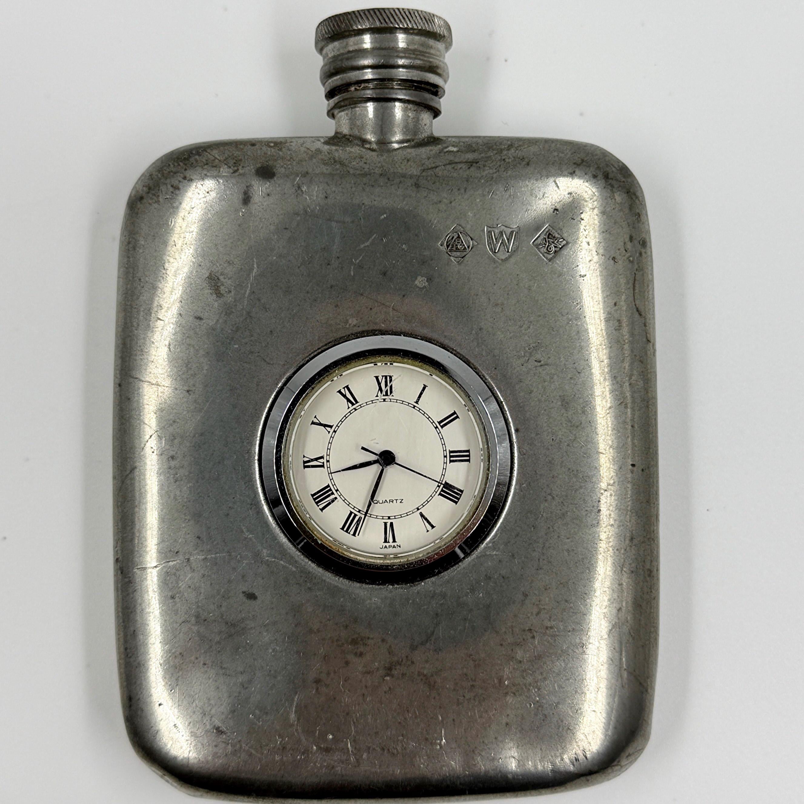English Pewter Hip Flask With Japan Quartz Clock, Gentleman's Club