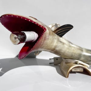 Vintage mid-century horn fish lamp, hand-carved fantasy animal sculpture, 1950s electric table light, surreal quirky lighting decor