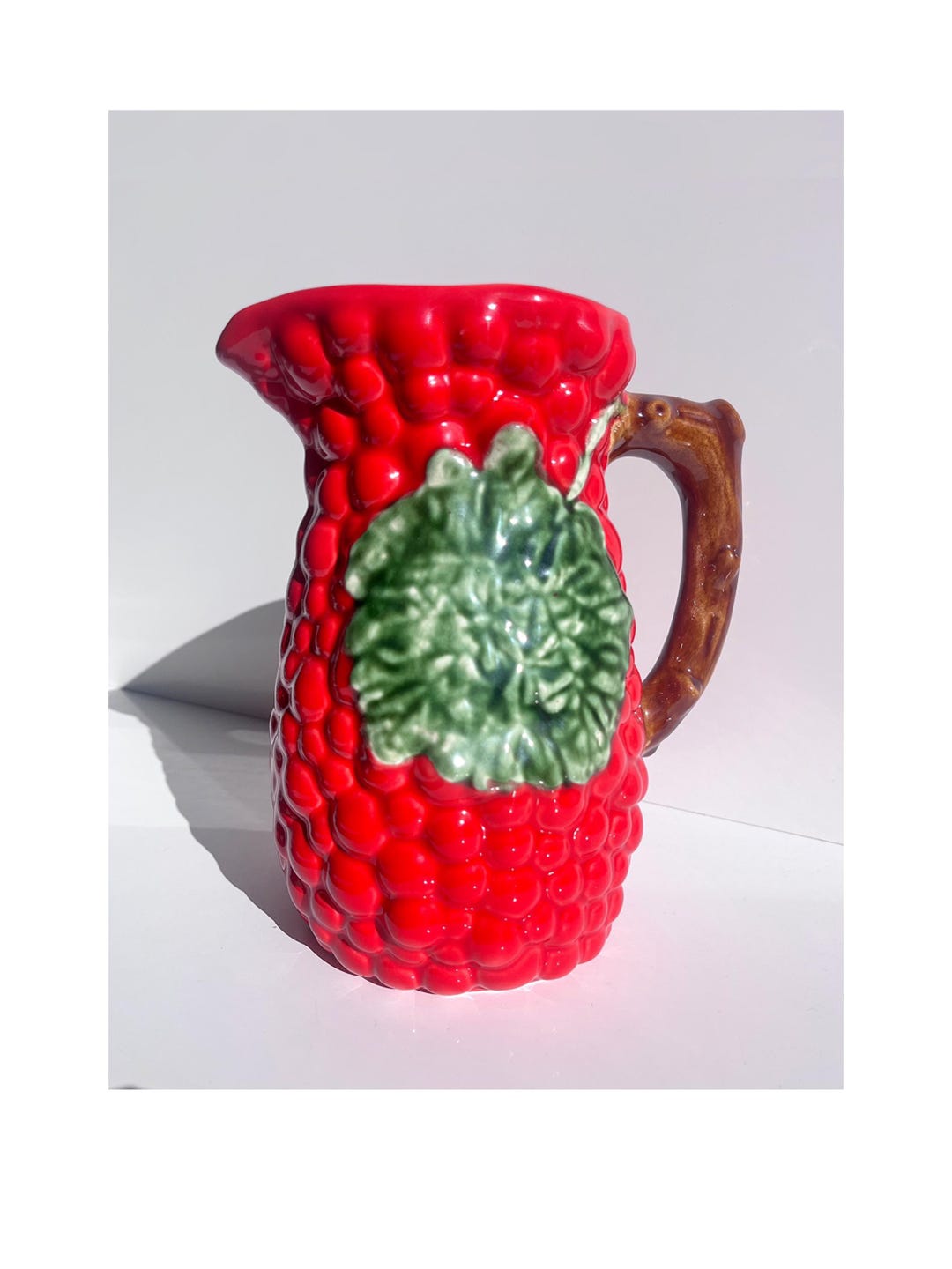 Vintage Raspberry Ceramic Pitcher Vintage Portuguese Ceramic Pitcher, Red Raspberry Jug With Leaf and ...