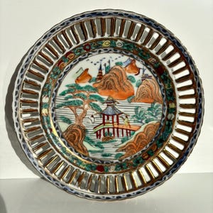 Vintage Porcelain Mesh Wall Plate Pagoda Hand Painted. China Macau. Home Decor. Imari Export Porcelain, Family Rose. Souvenir Gift, Unique