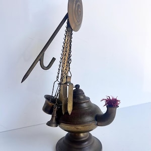 Rare Indian brass oil lamp with wick tools, bell and snuffer, temple altar diya. Ethnographic collectible. Vintage patina. Complete set