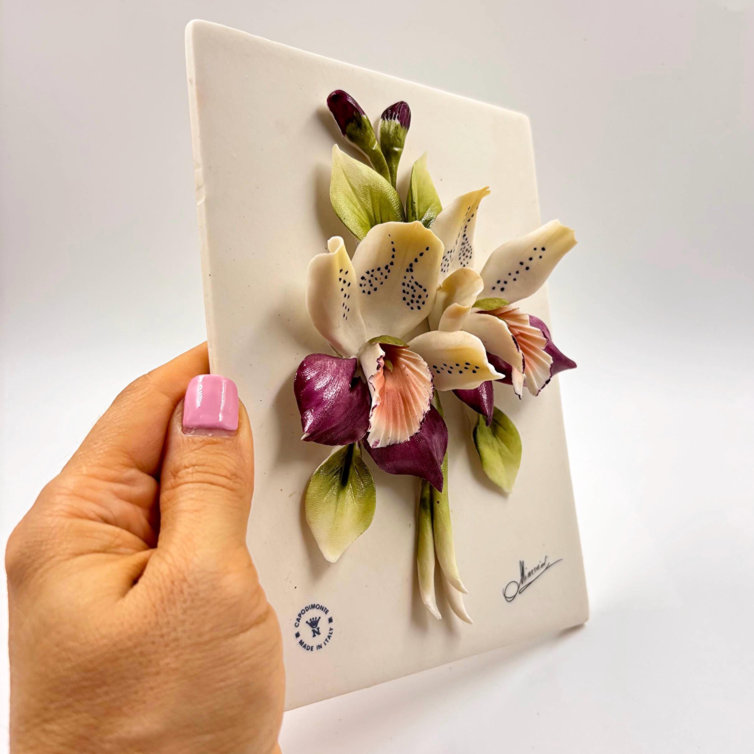Capodimonte Porcelain Plaque, Orchid Floral Wall Art, Italian