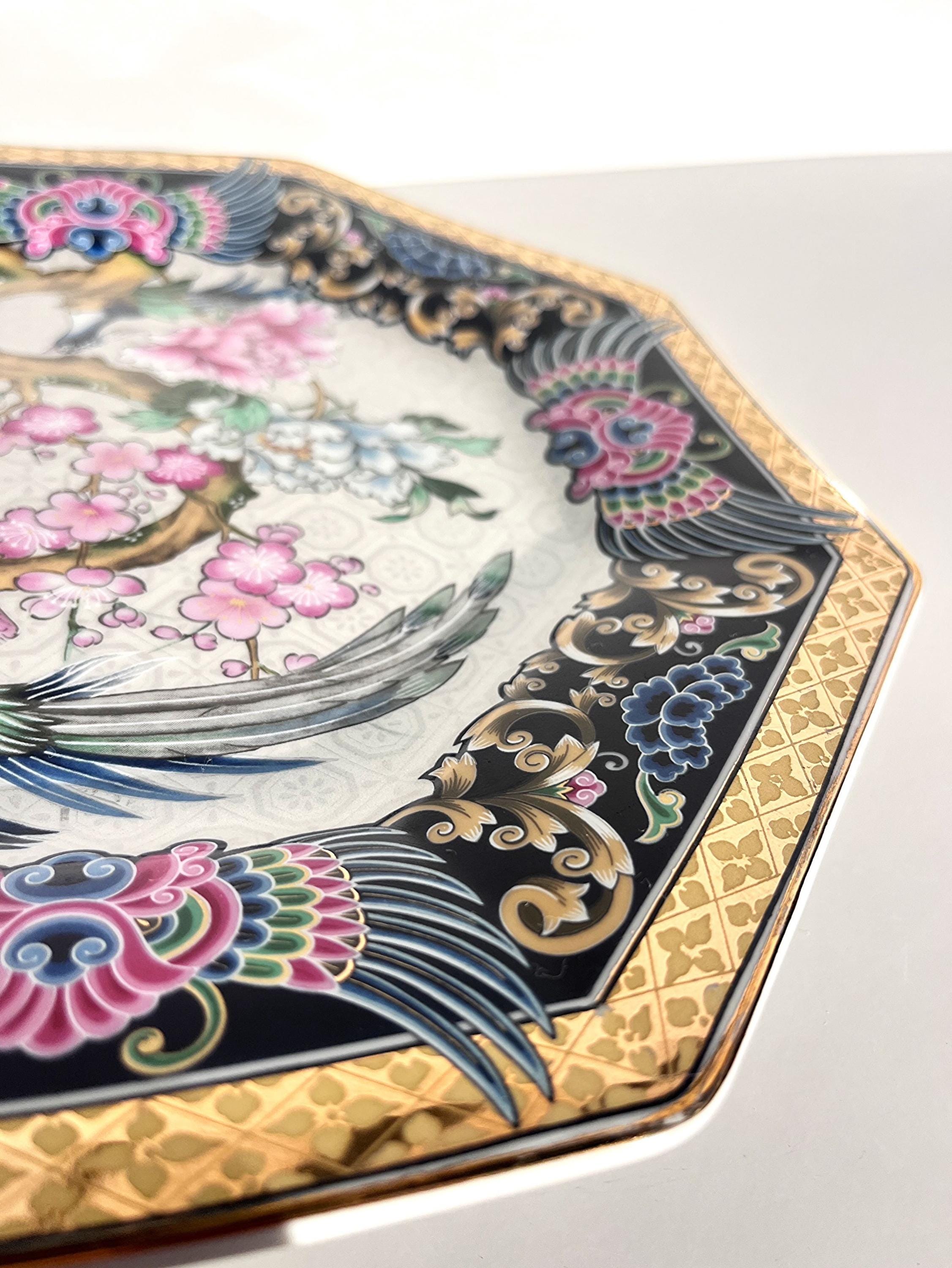 116-6/在銘/染付双鶴平向5客 Vintage Decorative Plate With Birds of Paradise and Flowers
