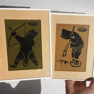 Vintage Inuit wall art, Holman Co-op 1960s, original silhouette paintings on burlap, Canada rare signed set with labels, indigenous folk art