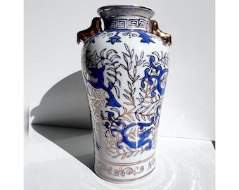 景徳鎮磁器の花瓶、コバルト色の龍と花の巻物、1970年代の中国輸出用
