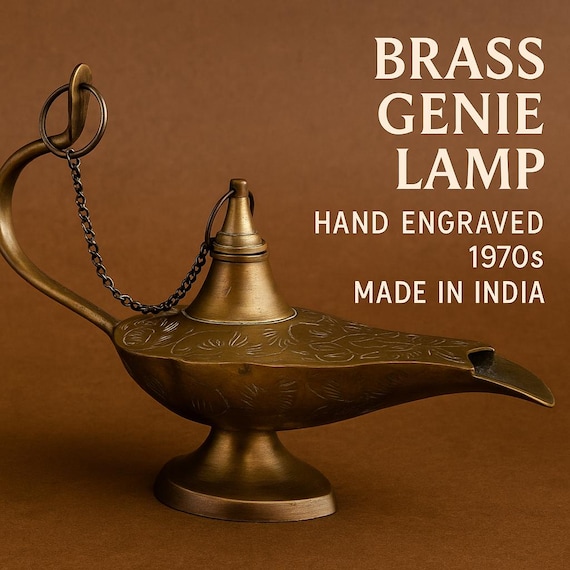 Vintage Brass Genie Lamp, Hand Engraved, India 1970s, Oriental