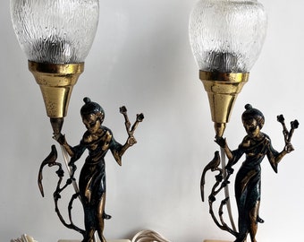 Two beautiful bronze lamps on a marble base