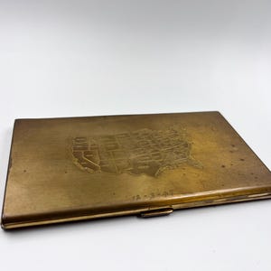 Majestic USA Cigarette Case, 1940s Brass, Luxury Engine Turning, Hand Engraved US Map, Art Deco New York, Vintage Gift for Collector