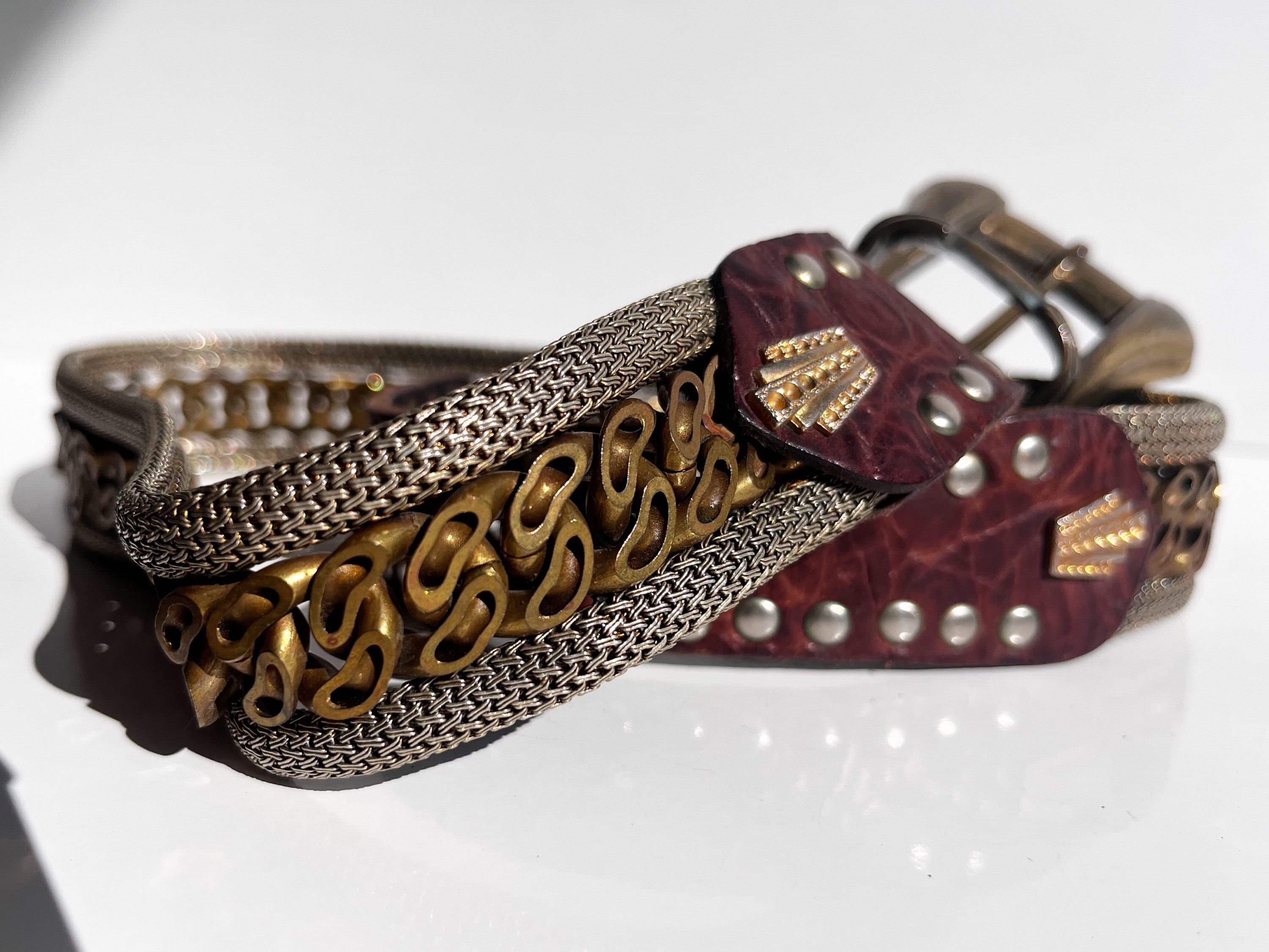 Ornate Heavy Gold Mesh & Leather Handmade Vintage Belt ,NANN Made in Italy ?? S Nanni Gold Mesh Rhinestone and Alligator Belt – Italy  main image 3