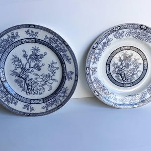 Può includere: Due piatti in ceramica bianca con motivi floreali blu. I piatti hanno un bordo rialzato e un pozzetto centrale. I motivi floreali sono intricati e dettagliati.