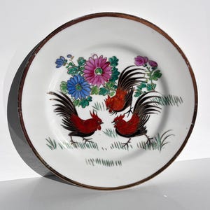 Rare Vintage Chinese Porcelain Plate with Red Rooster, Hand Painted, Asian Decor, Chinese Ceramics, Kitchen Decor Macau Souvenir Gift Unique