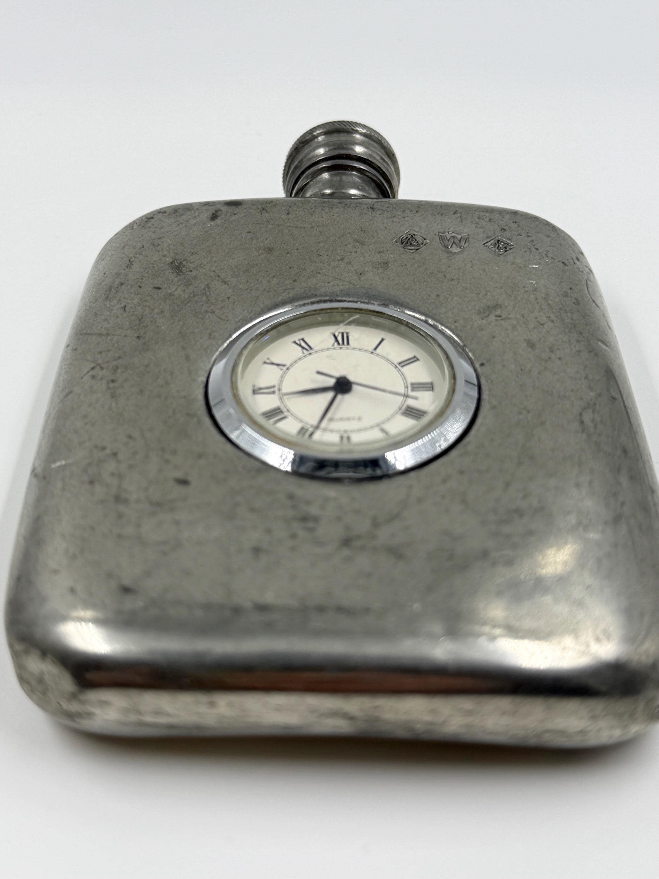 English Pewter Hip Flask With Japan Quartz Clock, Gentleman's Club