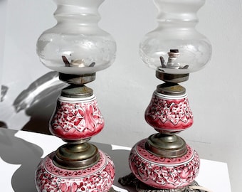 Pair of vintage hand painted ceramic lamps. burgundy red ceramic, table lamp brass table lamp oil lamp glass lampshade, suyenir gift. unique