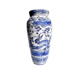 Vintage Covacich Portugal Vase, Hand Painted Blue White Ceramic, Bird and Ruins Mid Century Portuguese Faience, Rare Collectible Decor. Gift