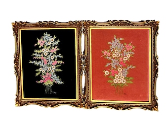 Par de cuadros vintage de terciopelo con flores, acrílico sobre terciopelo, pintura de terciopelo. Óleos franceses sobre terciopelo, pintados a mano con marco dorado. Regalo.