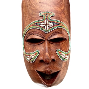 Vintage Large African Tribal Bamileke Tribal Wooden Wall Mask, Cameroon West Africa, with Beads and Cowrie Shells, Carved Wood Art Shelf