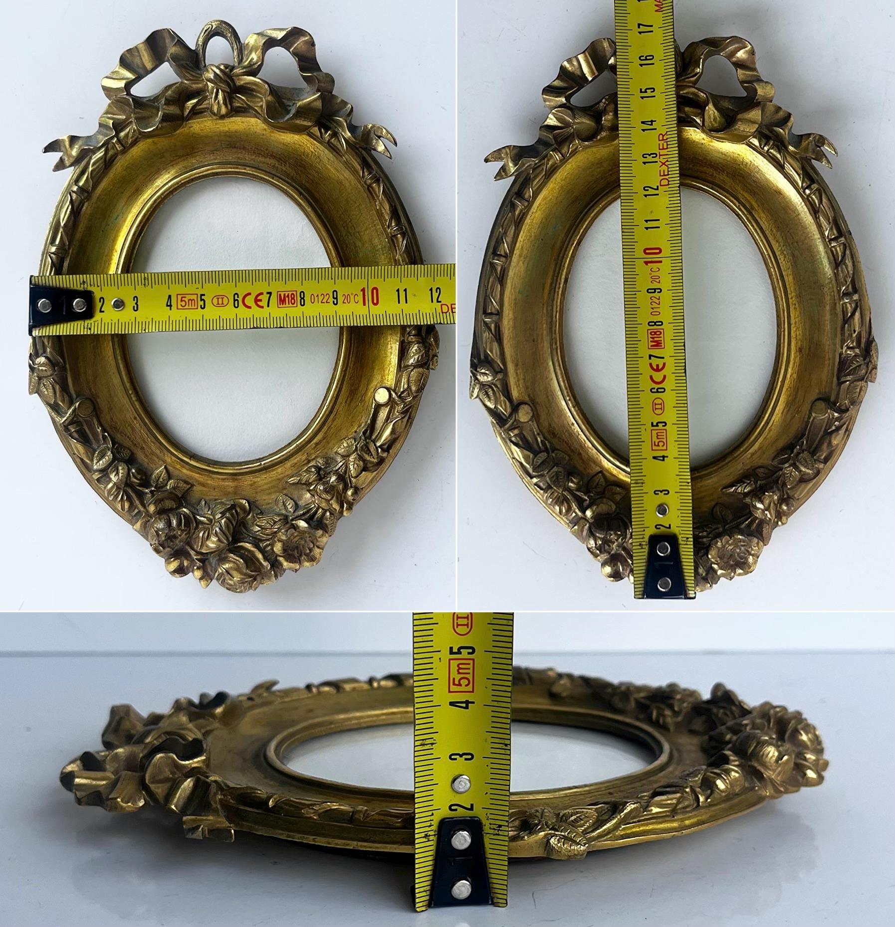 Antique French Oval Photo Frame With Ribbon Motif, Ornate Brass