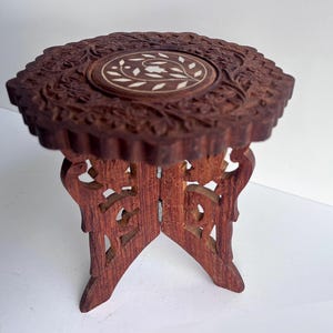Vintage Carved Wooden Plant Stand, Handmade Wooden Folding Table, Hand Carved Intricate Design Leaves and Vine, Tabletop Stand, Gift for Her