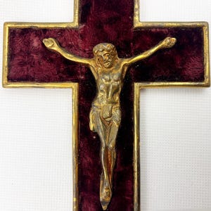 Antique Wall Crucifix, Gilt Body on Velvet Cross, Catholic Religious Art, French Religious Brass Cross Early 20th Century. Souvenir, Gift