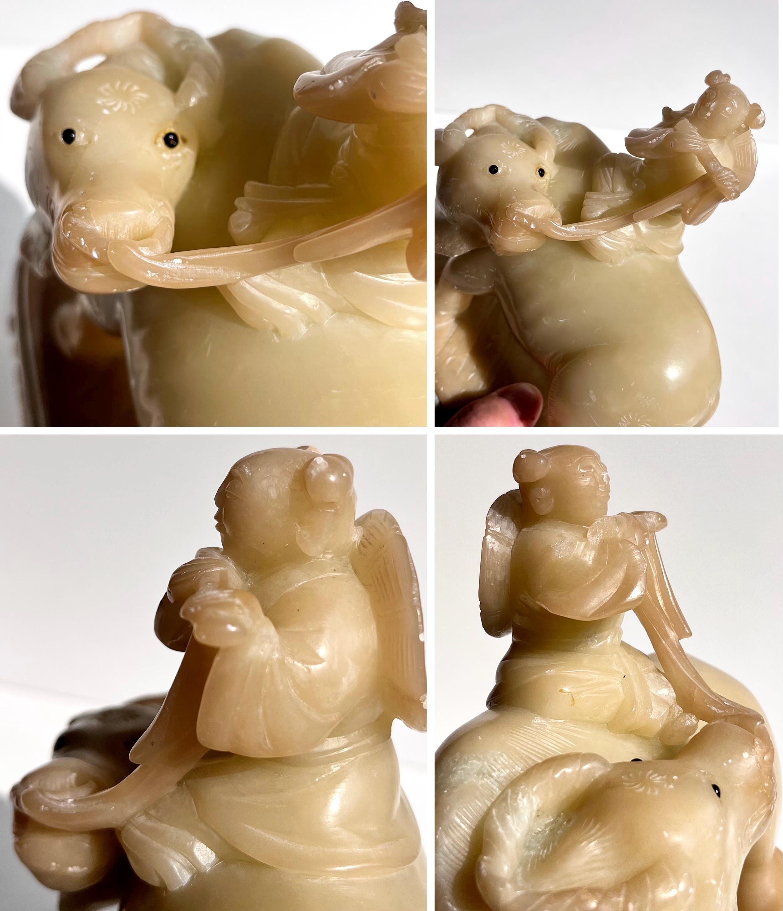 Vintage Chinese Soapstone Sculpture, Boy Playing Flute on Water