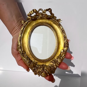 Antique French oval photo frame with ribbon motif, ornate brass wall hanging, 1950s romantic style, original glass and backplate, rare find