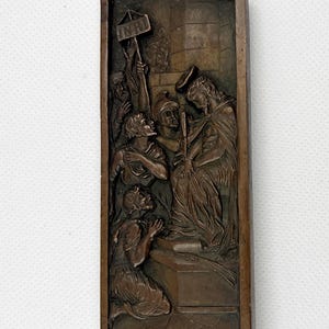 Placa religiosa antigua de bronce "Ecce Homo", relieve cristiano del siglo XIX, panel del Vía Crucis, arte mural bíblico. Recuerdo, regalo.