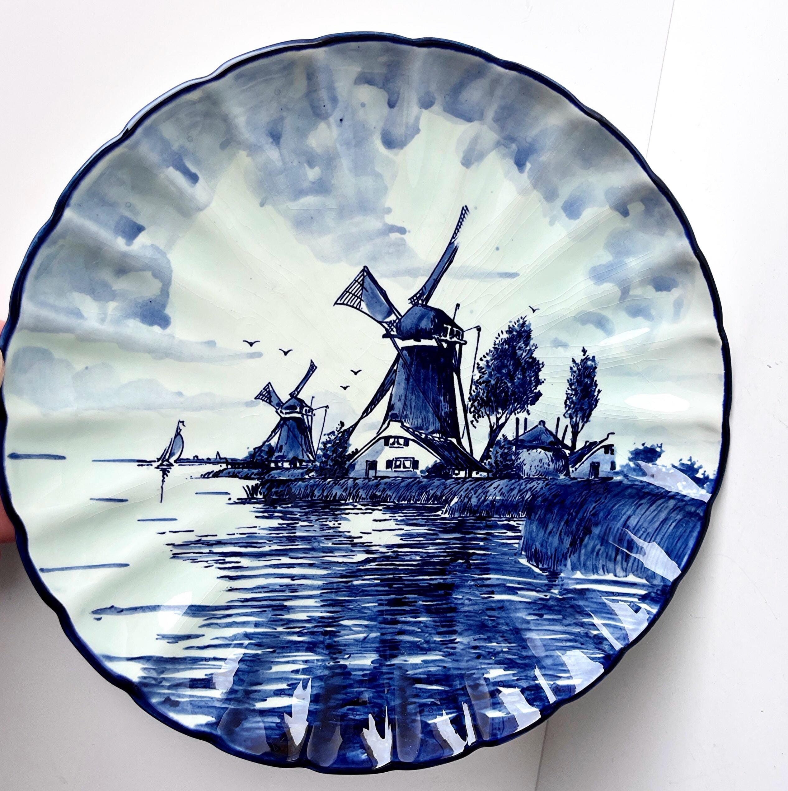 Vintage Dutch Delft Blue Porcelain Wall Plate With Dutch Landscape