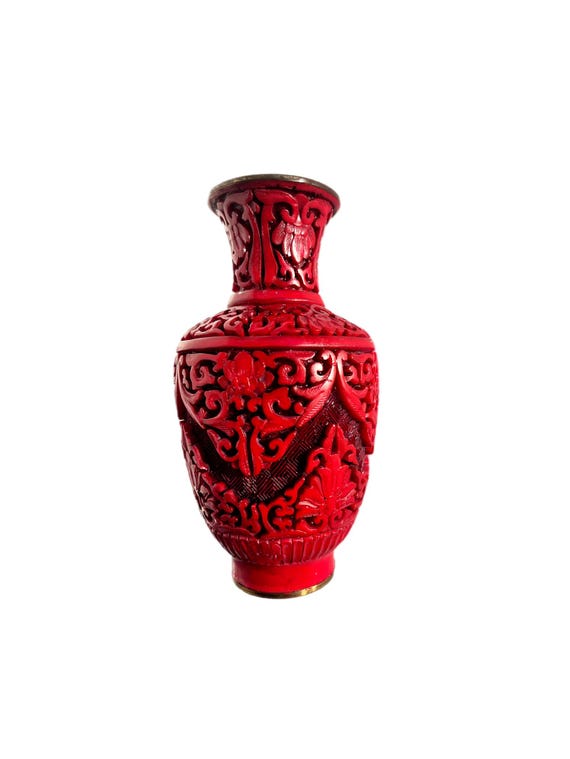 1950年代のヴィンテージ中国アジア彫刻辰砂花瓶、手彫り、新築祝い