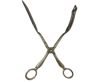 May include: Silver-toned serving tongs with a scissor-like design. The tongs feature a flat blade on one side and a fork-like end on the other. The handles have decorative etched patterns and circular finger holes.