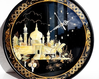 Vintage wall clock “Mosque” is inlaid with mother-of-pearl. decor 1970s. Muslim clock, wall decoration for Islamic prayers, Arabic decor