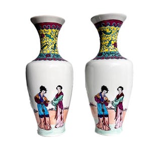 Chinese famille rose vases pair, hand-painted Jingdezhen porcelain, court ladies in garden scene, calligraphy, 1970s collectible decor. Gift