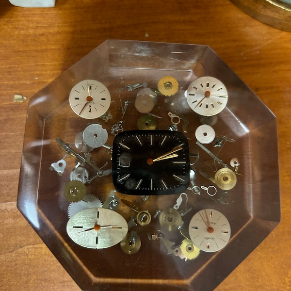 Rare 1950s Lucite Exploding Watch Parts - Frozen Time Sculpture/Paperweight Octagon