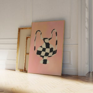 Arte abstracto del jarrón, impresión del arte del jarrón rosa, arte de mediados del siglo, pintura del jarrón del cheque, arte de la pared de la sala de estar, arte abstracto de la pared, decoración de la pared, arte rosa