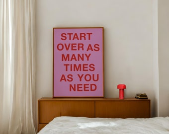 Impresión artística con cita en rosa, póster de autocuidado, impresión artística con tipografía rosa, arte de pared positivo, impresión artística edificante, empezar de nuevo - Descarga digital