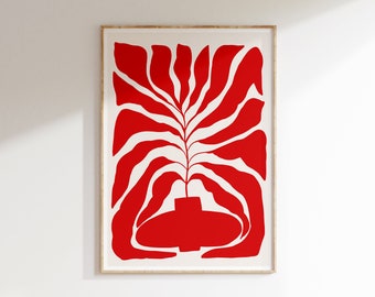 May include: A framed print of a red abstract plant design with a white background. The plant is in a red pot.