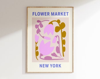 Flower Market Art Print, New York Poster, Cute Pastel Flower Market Poster, Contemporary Art, Pastel Botanical Wall Art, Digital Download