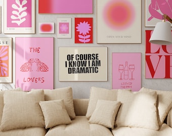 Pink Kunstdruck Set, 47 pinke Poster, pinke Galeriewand, trendige Poster, süßes lustiges Wohndekor, pinke Aura, Wandkunst, digitaler Download