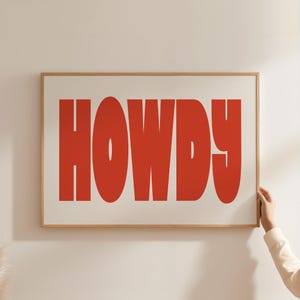 Howdy Art Print, Howdy Poster, Western Wall Art, Horizontal Art, Boho Wall Art, Cute Red and Cream Aesthetic Wall Decor, Digital Download