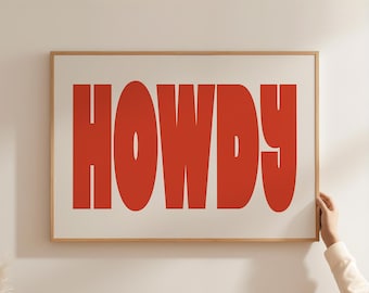 Lámina artística "Hola", póster "Hola", arte de pared occidental, arte horizontal, arte de pared bohemio, decoración de pared estética en rojo y crema, descarga digital