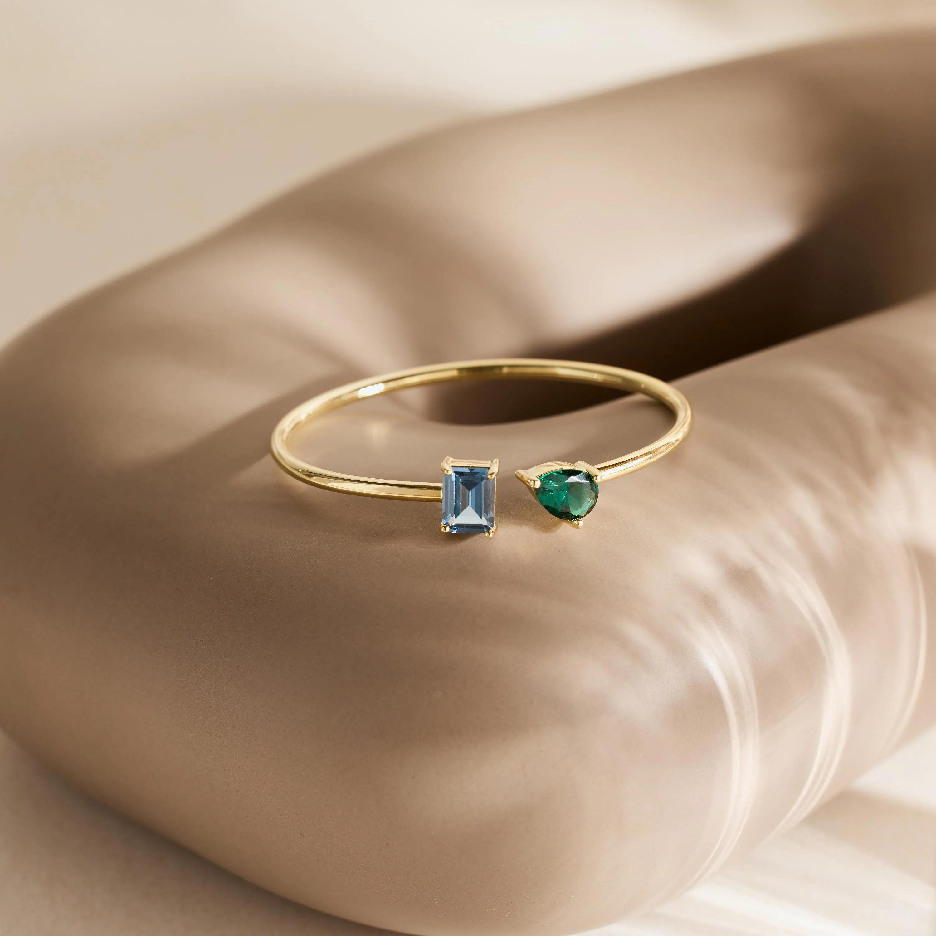 925 lab Custom Birthstone Bangle Bracelet • Mother Daughter Bracelet • Sisters Jewelry Gift • Two Stone Cuff • Personalized Gold Bracelet