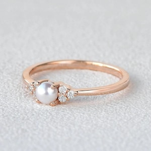 Oyster Pearl 14k Gold Plated Dainty Engagement Ring for Women, Real Pearl Solitaire Band Cute Proposal Pearl & Diamond Ring, June Birthstone